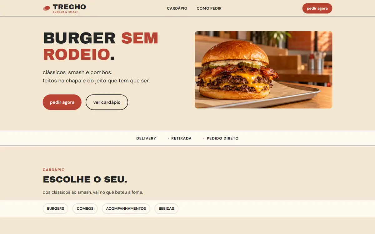 Prévia do modelo Essencial: página inicial clara e objetiva de um site de hamburgueria